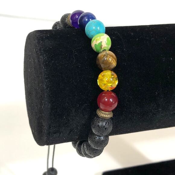 Chakra Bracelet Lava Stone Black Rainbow Adjustable Unisex Gemstone Healing - Picture 1 of 7